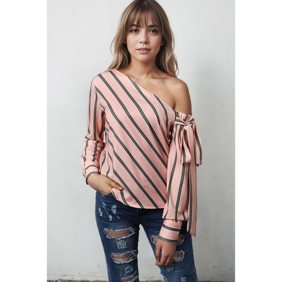 Azura Exchange  Pink Striped Asymmetric Tied Shoulder Blouse - Picture 2 of 8
